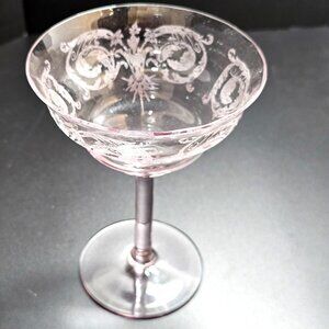Balda Pink Champagne Coupe Glasses by Central Glass 6" etched glass scrolls